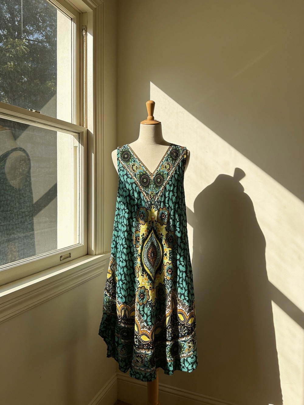 Bohemian Teal Print V-Neck Sundress/Cover Up Sz S ( Runs Larger) A26-2